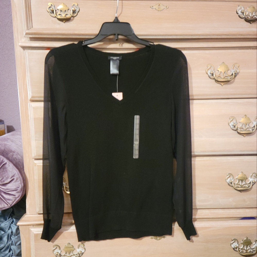 Ann Taylor Petite Black Vneck Sweater with Sheer Long Sleeves Size XXSP